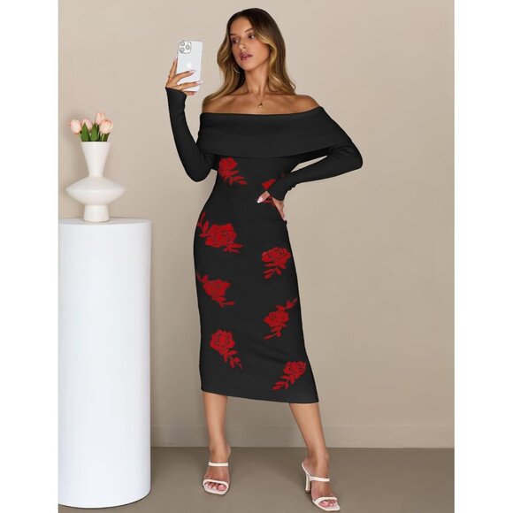 Merokeety Women's Blackrose Off Shoulder Long Sleeve Elegant Bodycon Midi Dress - Picture 3 of 9